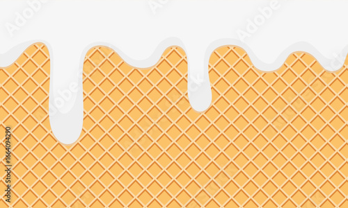 Seamless Creamy Liquid Yogurt, Ice Cream or Milk Flowing on Waffle Background. Dripping melting ice cream on wafer background