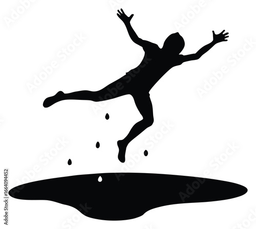 Silhouette of person jumping into puddle with splash effect vector illustration