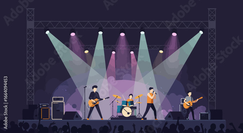 A sleek flat design illustration showcasing a rock band delivering an energetic performance on a large outdoor festival stage.