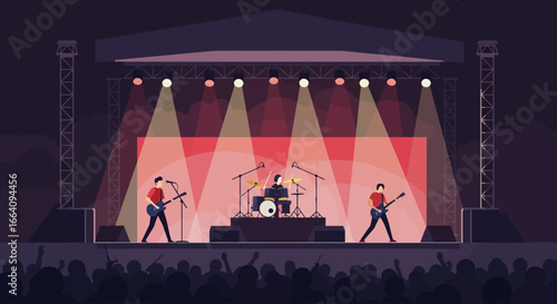 A sleek flat design illustration showcasing a rock band delivering an energetic performance on a large outdoor festival stage.