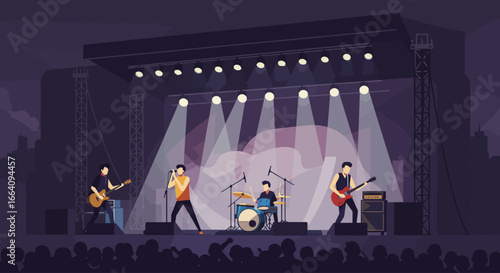 A sleek flat design illustration showcasing a rock band delivering an energetic performance on a large outdoor festival stage.