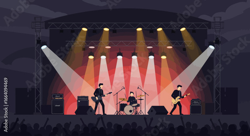 A sleek flat design illustration showcasing a rock band delivering an energetic performance on a large outdoor festival stage.
