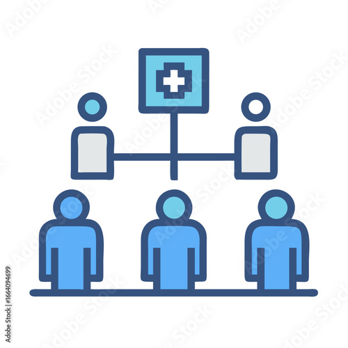 Healthcare organizational structure featuring connected individuals and medical icon