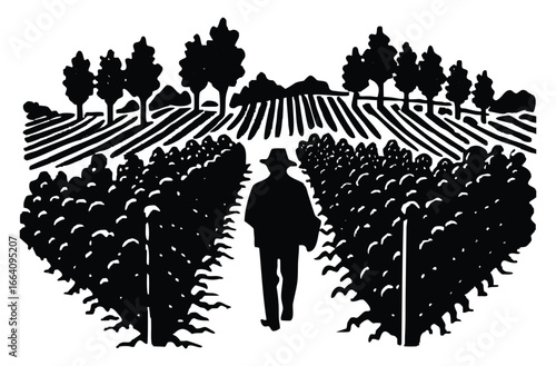 Black and white illustration of a farmer walking through rows of crops