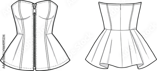 Vector fashion corset top, zipper front view, stylish peplum design, back bodice dress, apparel flat sketch, technical garment drawing, structured fashion wear