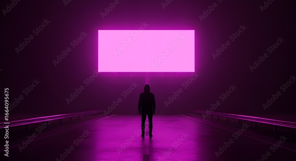 Obraz premium Silhouette - Futuristic Corridor, Glowing Pink Screen, Sci-Fi Mystery, Digital Interface, Unknown Pathway, Modern Technology, Future Journey
