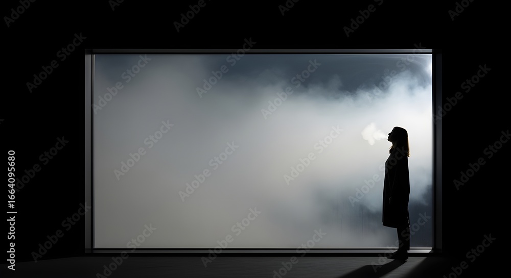 Obraz premium Silhouette in Empty Room - Stormy Window View, Solitude, Sadness, Dramatic Atmosphere, Lonely Figure, Contemplation, Rainy Day, Mood