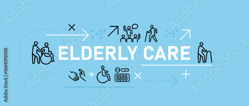 Elderly Care banner illustration support for older adults including person in wheelchair caregiver healthcare retirement house assistance pension nursing home