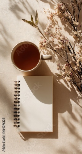 A beige-toned flatlay featuring a cup of tea, a blank spiral notebook, and dried floral sprigs, all cast in sunlight