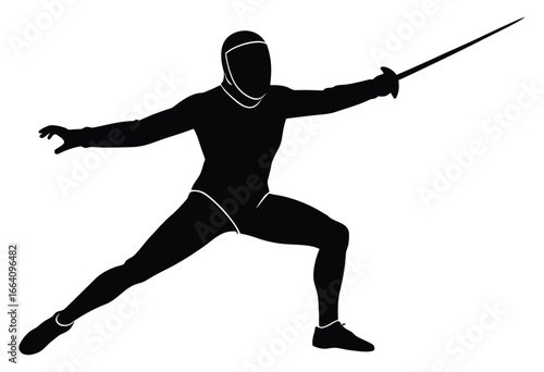 Black silhouette of fencer in protective gear with sword poised for action