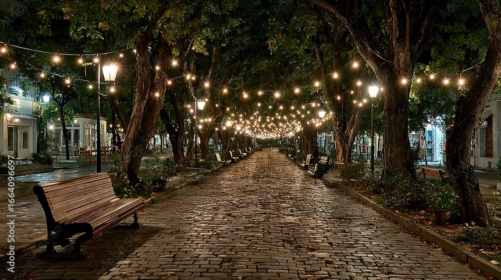 Obraz premium Night Time Scene at Empty Park Under String Lights, Calm Neighborhood with Community Atmosphere and Peaceful Environment