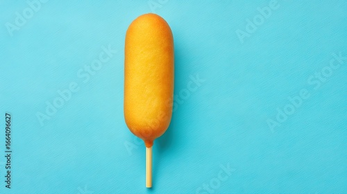 Golden corn dog on stick against vibrant blue background