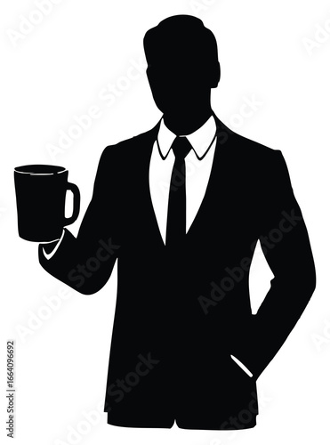 Businessman silhouette holding coffee mug early morning business concept success