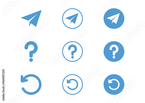 Question mark help symbol, paper plane send icon, and refresh reload vector design collection
