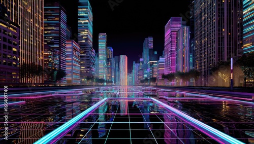 Fototapeta Naklejka Na Ścianę i Meble -  Neon cityscape avenue at night, futuristic city street