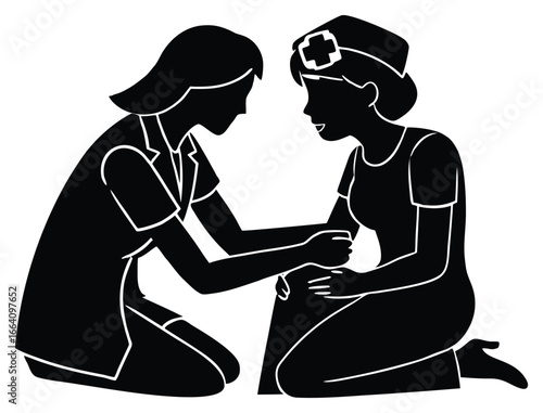 Nurse assisting patient illustration graphic showing compassion and medical care scene