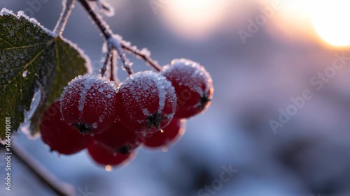 Winter's Embrace Frozen Berries Gleaming Under Morning Sun