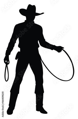 Silhouette of a Cowboy with Lasso Posing Isolated on White Background