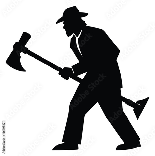 Silhouette of a determined lumberjack wielding an axe with confidence
