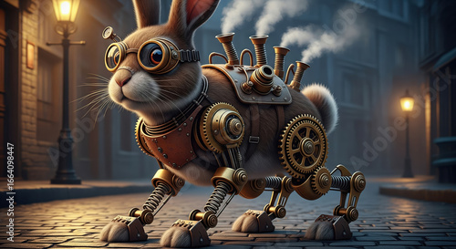 Digital illustration of a cute steampunk rabbit with mechanical legs and goggles on a vintage city street at night