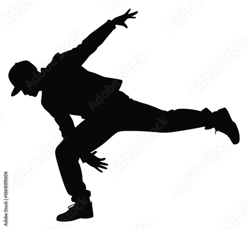 Silhouette of a male hip hop dancer performing on a white background