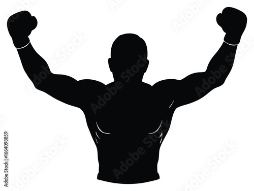 Silhouette of a muscular boxer with gloves raised in victory celebration isolated