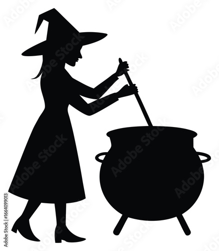 Silhouette of a witch stirring a cauldron for Halloween spell preparation