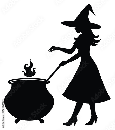 Silhouette of a witch stirring her cauldron with magic fire Halloween illustration