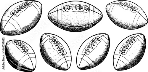 Black and white sketch of an american football ball with texture details. Vector illustration