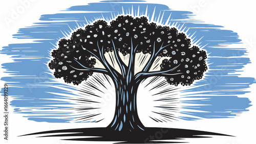 Illustration of a stylized tree with dark foliage against a blue and white background design element silhouette