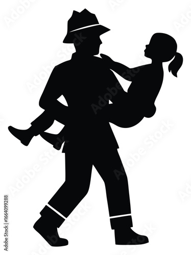 Silhouette of brave fireman rescuing a child representing heroism and bravery
