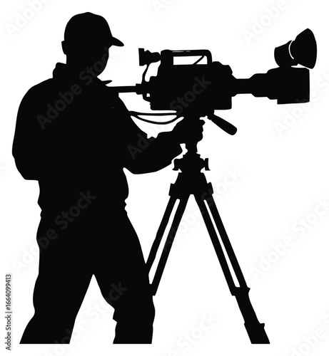 Silhouette of cameraman with professional camera on tripod against white background