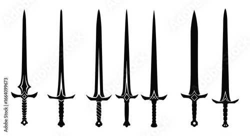 Collection of medieval style swords with unique designs and handles