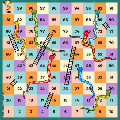 colorful snakes and ladders game board