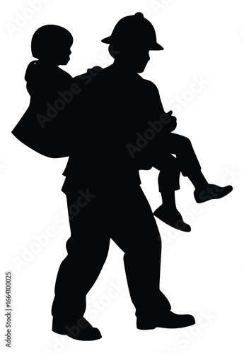 Silhouette of firefighter carrying child depicting heroism and rescue operation