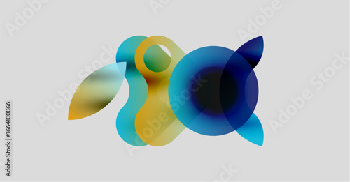 Abstract colorful shapes overlap, creating dynamic visual composition. Soft gradients suggest fluidity, movement. Light background enhances vibrancy.