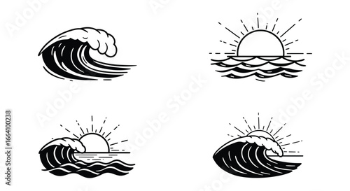 Black and white ocean wave and sunrise illustrations