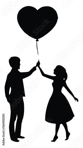 Silhouette of loving couple holding heart shaped balloon on white background