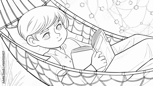 A young person reading a book while relaxing in a hammock with a pillow and a decorative background silhouette