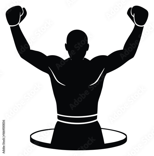 Silhouette of triumphant boxer in the ring after a winning match achievement