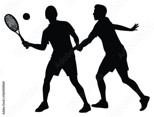 Silhouette of two tennis players in action hitting the ball during match