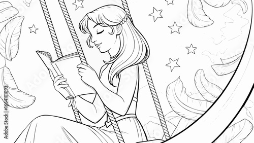 A young woman reading on a swing surrounded by stars and feathers in a black and white line drawing silhouette