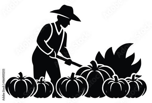 Silhouetted farmer harvesting pumpkins in autumn for seasonal decorations and food