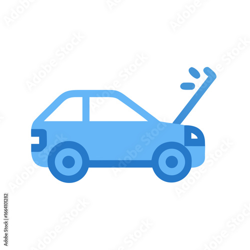 Stylized flat car icon with open hood in light blue on black backdrop