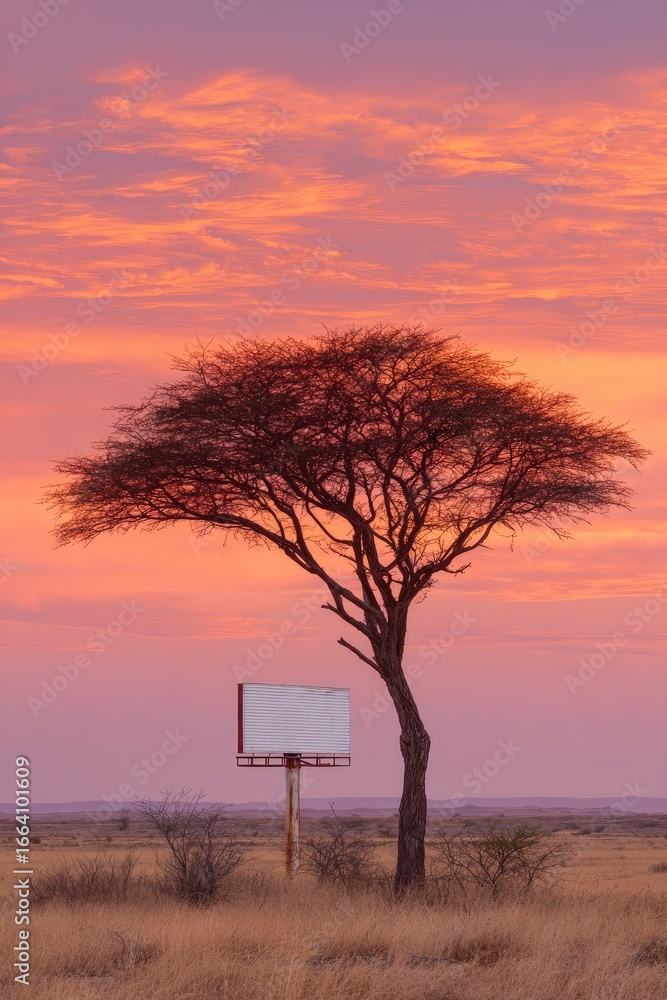 Fototapeta premium Empty billboard beside a lone tree at sunset.