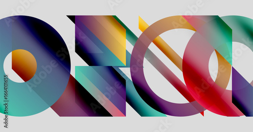 Abstract geometric shapes overlap, creating vibrant color gradients. Composition feels modern, dynamic, visually interesting.