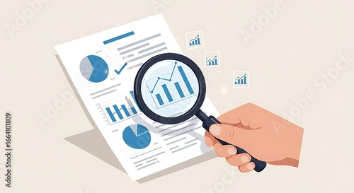 A hand holds a magnifying glass over a document showcasing various charts and graphs, highlighting a focus on data analysis.
