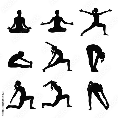 Diverse silhouettes of yoga poses demonstrating flexibility and mindfulness for wellness silhouette
