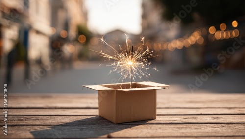 Fototapeta Naklejka Na Ścianę i Meble -  A lit sparkler bursts from a small, open cardboard box sitting on a weathered wooden surface outdoors at sunset; a blurred cityscape provides a background