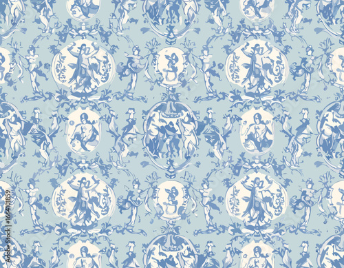 Elegant Blue and White Pattern Featuring Dancing Figures and Ornate Frames